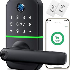 Keypad Smart Door Lock with Handle: Kucacci Keyless Entry Fingerprint Lock – Digital Code Handle with Keypad – Electronic Smart Knob for Front Door – Deadbolt Alternative with App – Easy Installation